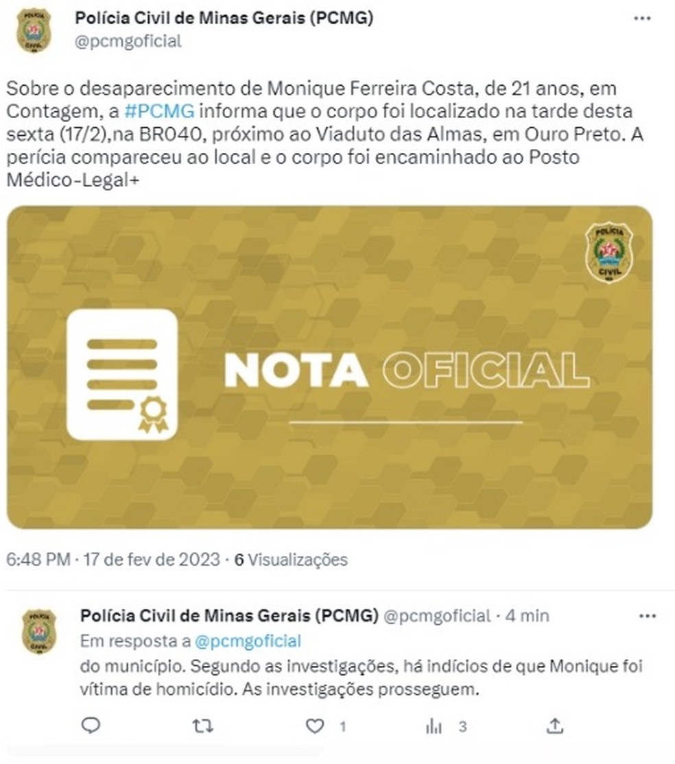 Nota da Polícia Civil sobre a localização do corpo de Monique Ferreira Costa — Foto: Reprodução/Redes Sociais