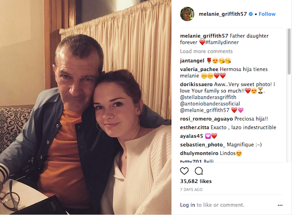 Um post da atriz Melanie Griffith mostrando seu ex-marido, o ator Antonio Banderas, com a filha dos dois (Foto: Instagram)