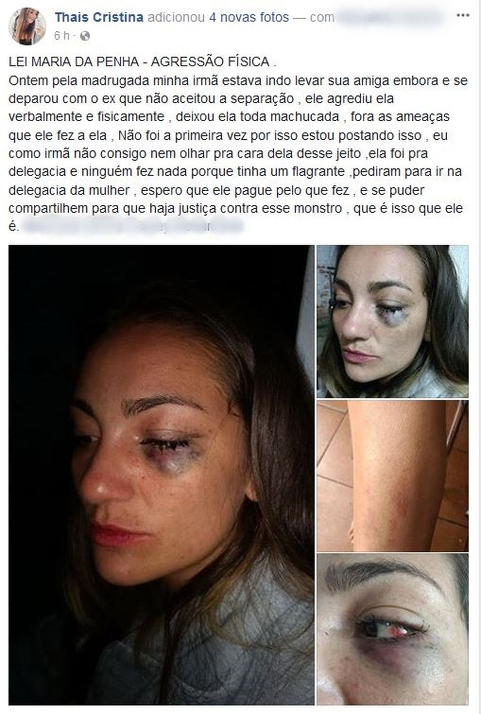 Mulher publicou relato de agressão da irmã no Facebook (Foto: Taís Cristina/Reprodução/Facebook)