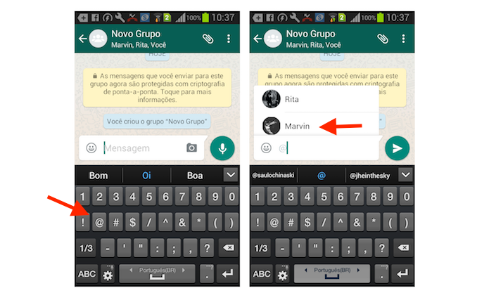 Ação para marcar contatos em uma mensagem do WhatsApp para Android (Foto: Reprodução/Marvin Costa)