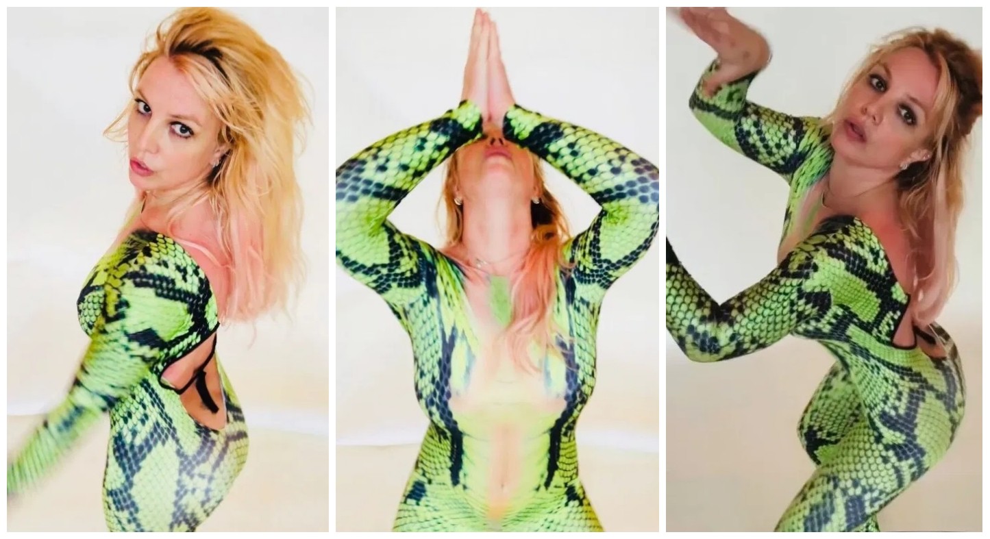 As fotos compartilhadas por Britney Spears com ela em seu collant reproduzindo o look de uma cobra (Foto: Instagram)