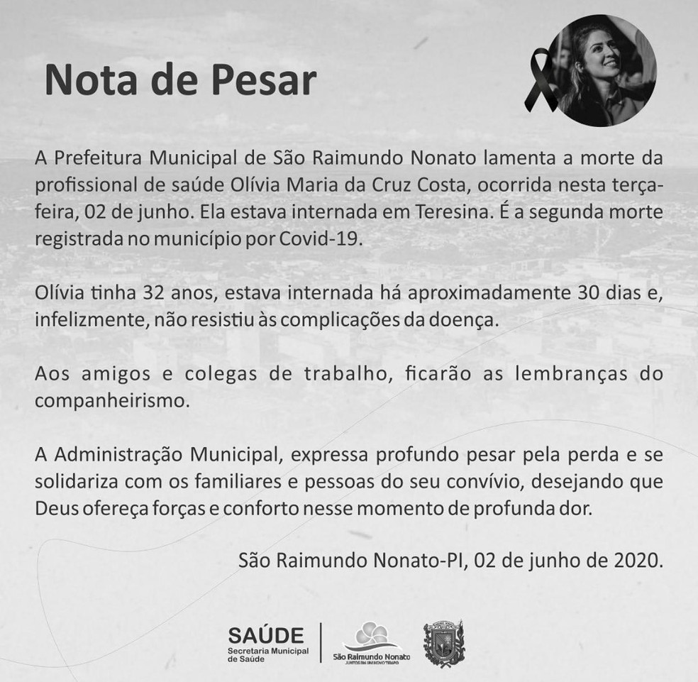 Prefeitura de São Raimundo Nonato lamentou a morte de Olívia Maria, em nota. — Foto: Divulgação