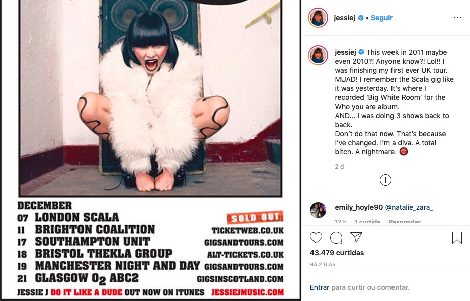 O post de Jessie J com as declarações enigmáticas da artista (Foto: Instagram)