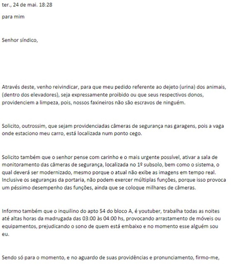 Texto da moradora ao síndico em SP sobre animais — Foto: Reprodução