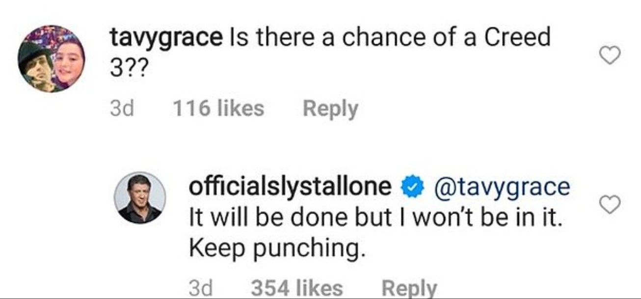 O comentário de Sylvester Stallone revelando sua ausência em Creed 3 (Foto: Instagram)