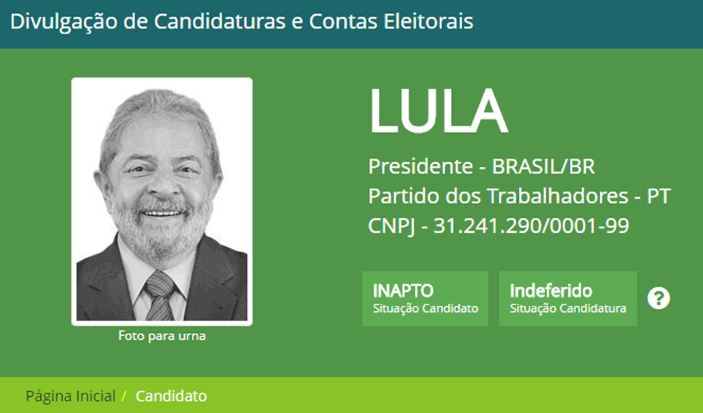 IndicaÃ§Ã£o em site oficial do TSE da condiÃ§Ã£o de Lula como candidato ("inapto") e da situaÃ§Ã£o do pedido de registro da candidatura ("indeferido") (Foto: ReproduÃ§Ã£o )