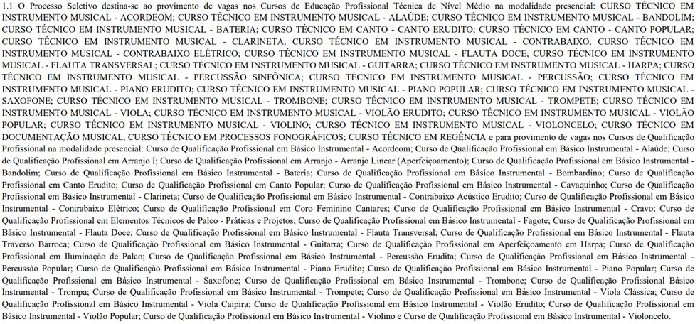 Cursos oferecidos pela Escola de Música de Brasília, no primeiro semestre de 2023 — Foto: Reprodução/Diário Oficial