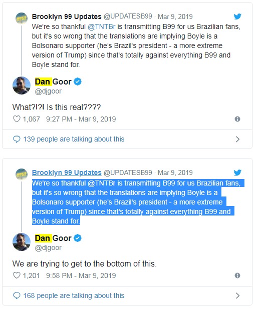 Troca de tuítes entre fãs de Brooklyn Nine-Nine e Dan Goor (Foto: Reprodução Twitter)