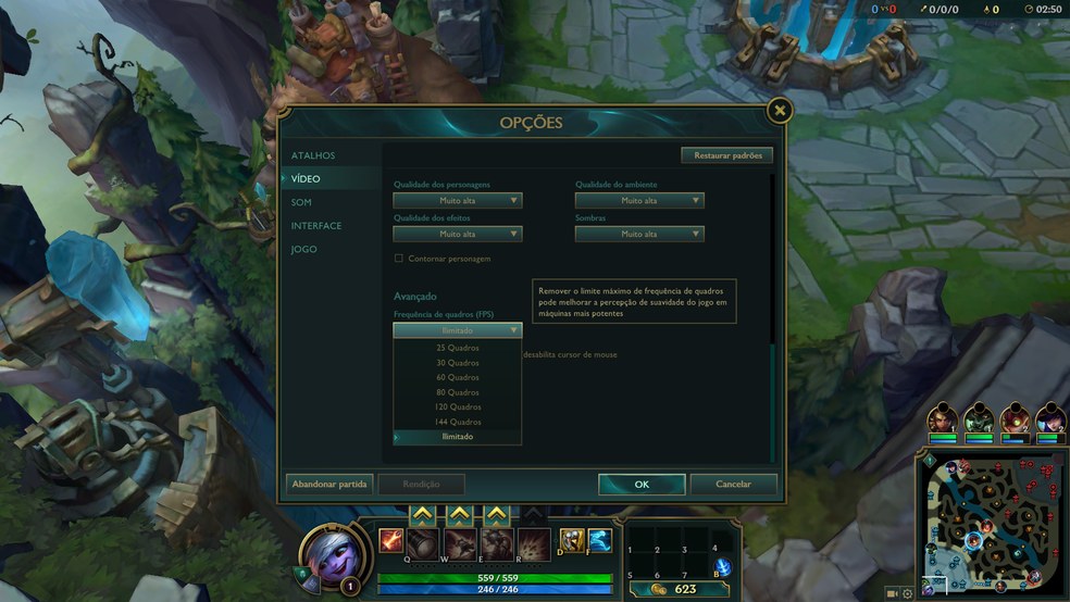 É possível limitar ou liberar a taxa de quadros de League of Legends (Foto: Reprodução/Murilo Molina)