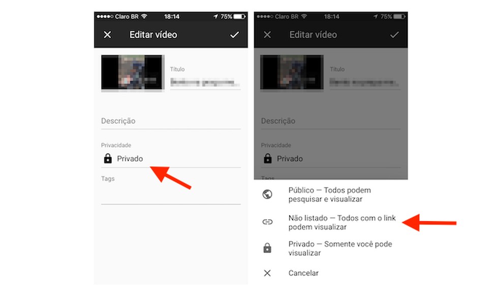 YouTube como marcar um vídeo como 'não listado' pelo celular