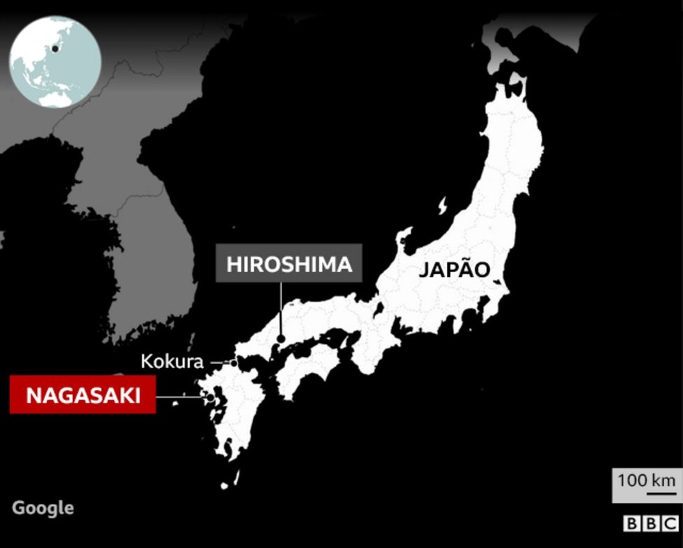 Localização de Hiroshima e Nagasaki — Foto: BBC