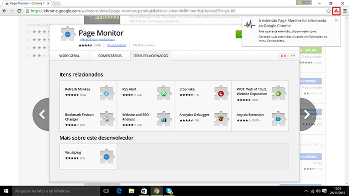 Page Monitor para Google Chrome insere botão na barra de endereços para que usuário siga páginas (Foto: Reprodução/Elson de Souza)