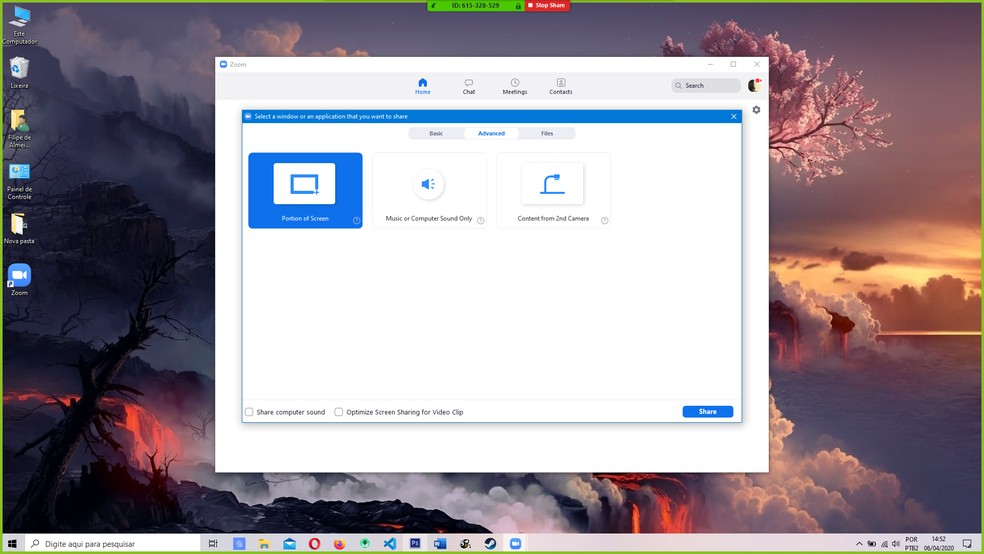 É possível delimitar o compartilhamento de apenas uma fração da tela na aba "Advanced" — Foto: Reprodução/Filipe Garrett
