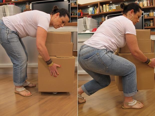Para pegar objetos pesados no chão, a dica principal é flexionar os joelhos para não sobrecarregar a coluna (Foto: Mariana Palma/G1)