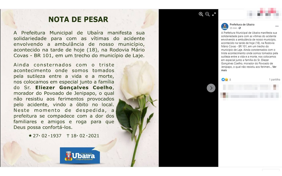 Prefeitura de Ubaíra, responsável pela ambulância, publicou nota de pesar pela morte do idoso na BR-101 — Foto: Reprodução/Redes Sociais
