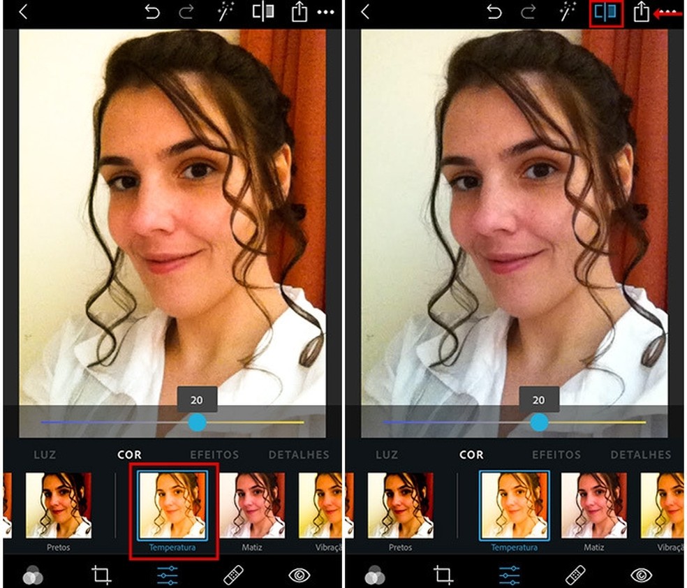 Ajuste a temperatura para deixar a iluminação da foto mais quente, neutra ou fria com o app Photoshop Express — Foto: Reprodução/Amanda de Almeida