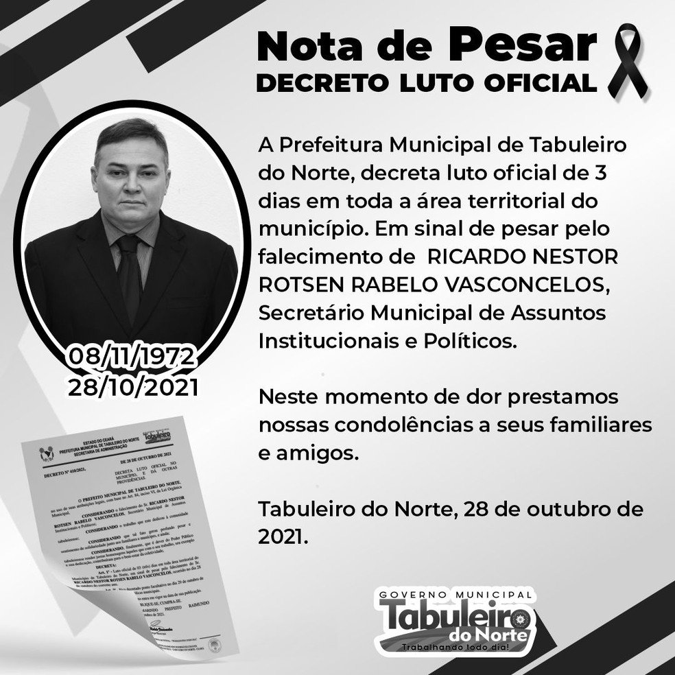 Prefeitura de Tabuleiro do Norte decretou luto oficial de três dias na cidade. — Foto: Reprodução