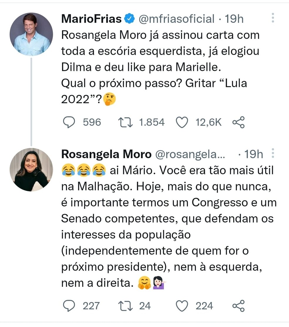 Troca de farpas entre Mário Frias e Rosangela Moro — Foto: Reprodução