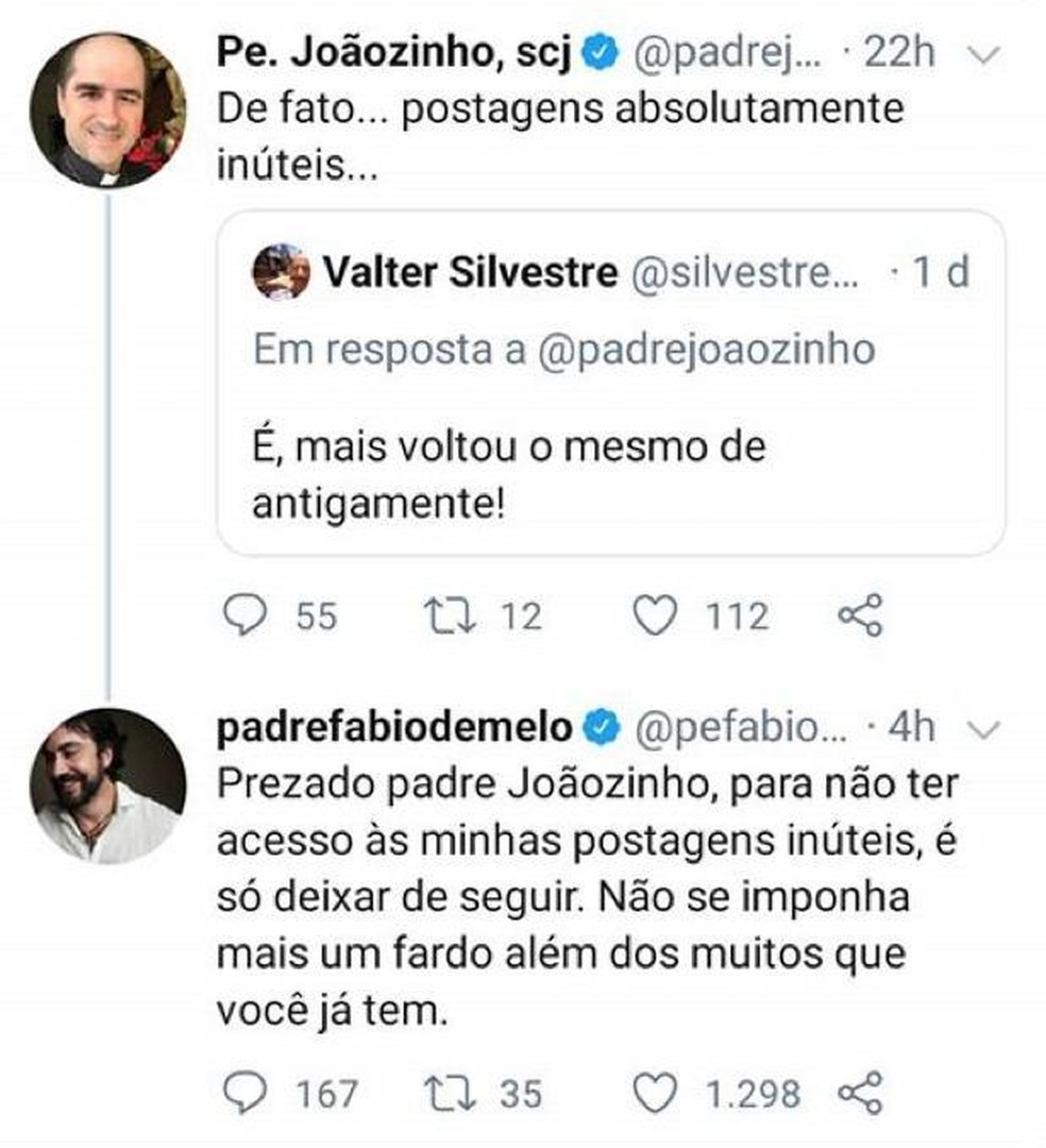 Padre criticou Fábio de Melo por postagens e ele rebateu com sugestão de 'unfollow' — Foto: Reprodução/Twitter
