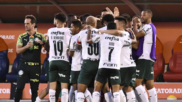 Jogadores do Palmeiras comemoram gol contra o Tigre