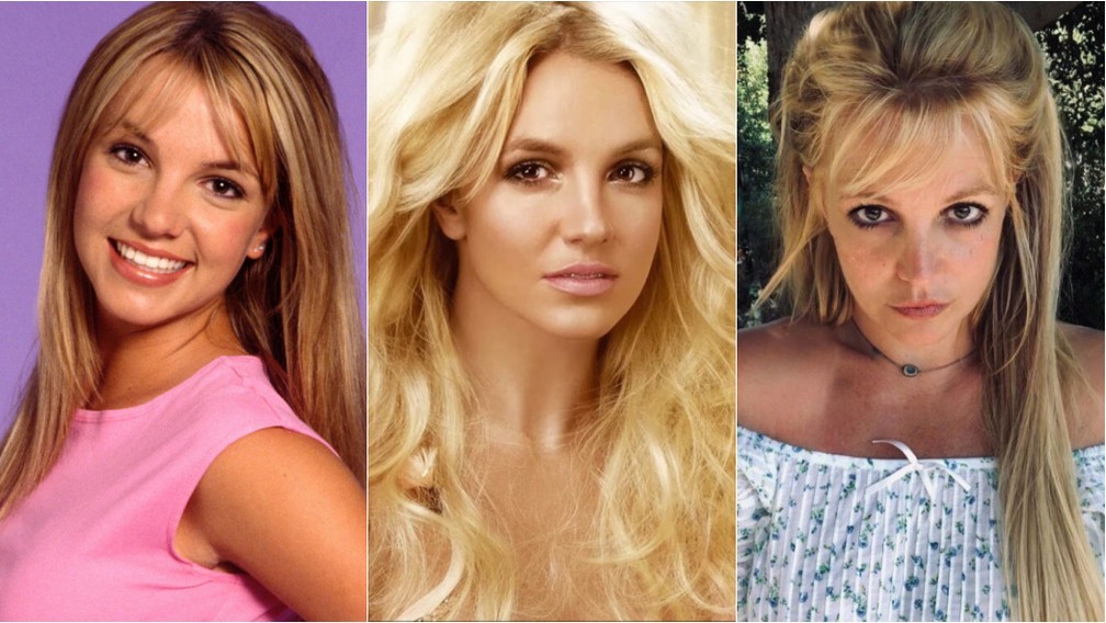 Britney Spears no começo da carreira, no fim dos anos 90; em 2008; e em foto recente — Foto: Divulgação e Instagram da cantora