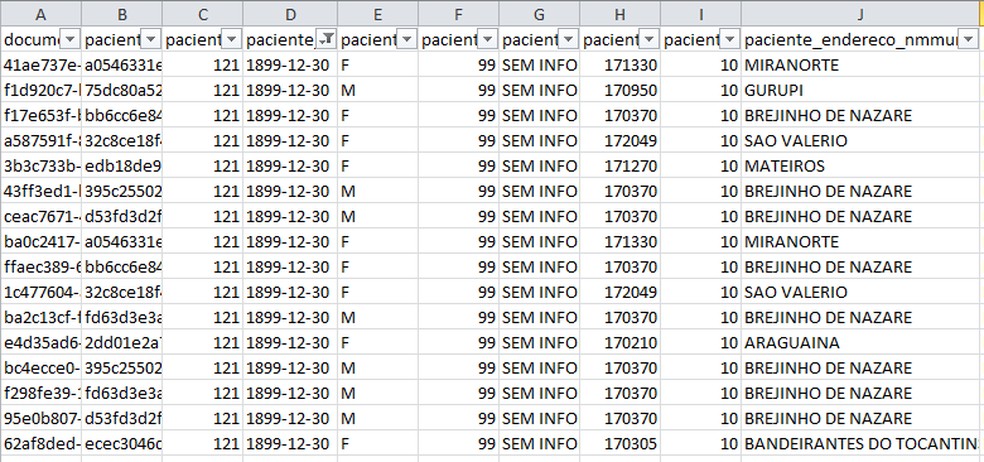 Tabela de pacientes com 121 anos vacinados no Tocantins — Foto: Reprodução/DataSus