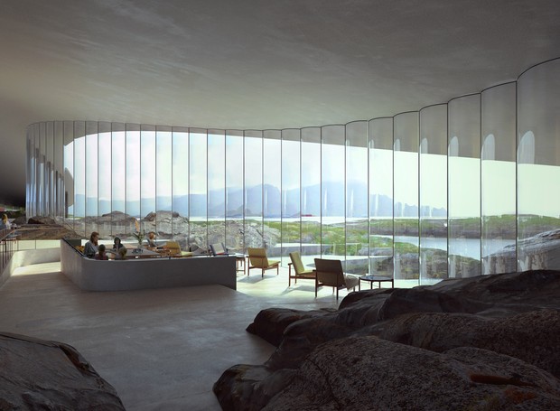 No interior do observatório, serão expostos artefatos e obras de arte sobre baleias, em meio a rochas preservadas da paisagem (Foto: MIR/Divulgação)