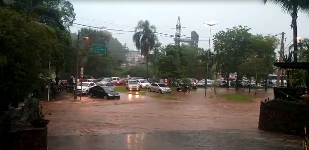 Rio transbordou na rotatória próxima à Ponte do Mirante, em Piracicaba — Foto: Edlaine Garcia/EPTV