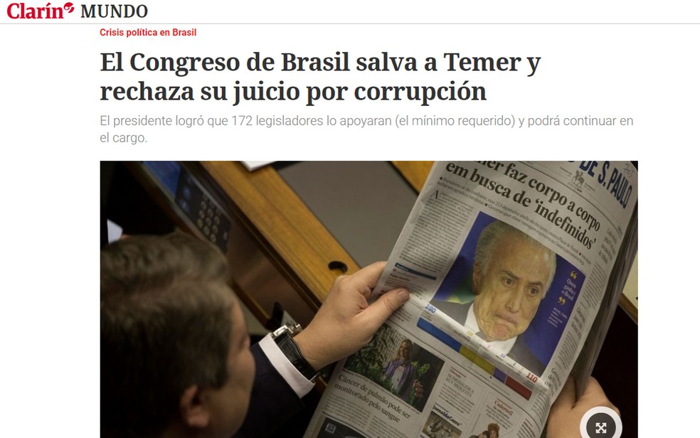 Argentino 'Clarín' também noticiou votação do Congresso brasileiro (Foto: Reprodução/Clarín)