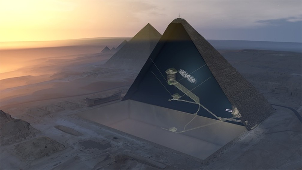 Ilustração em 3D mostra a pirâmide e a localização do espaço encontrado. Ainda não se sabe o porquê do espaço existir (Foto: ScanPyramids via Nature)