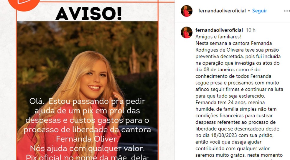 Perfil da cantora Fernanda Ôliver pede vaquinha — Foto: Reprodução/Instagram