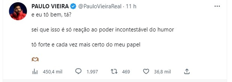 Paulo Vieira expõe ataques racistas   — Foto:  Reprodução/Twitter