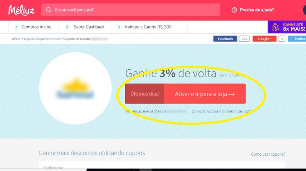 Use o link do site do MÃ©liuz para ativar o recebimento do dinheiro de volta â Foto: ReproduÃ§Ã£o/Clara Barreto