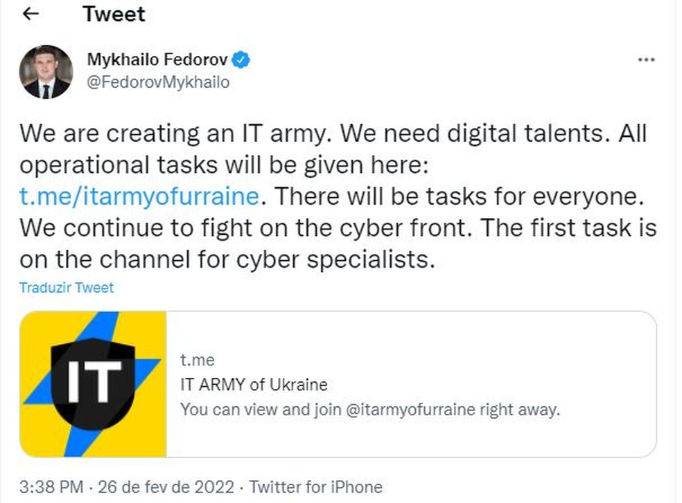 Postagem do ministro da Transformação Digital da Ucrânia convoca especialistas em TI — Foto: Reprodução