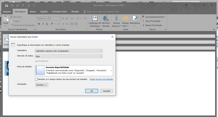 Outlook configura uma mensagem com um calendário detalhado para envio (Foto: Reprodução/Filipe Garrett)