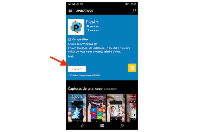 Baixando um aplicativo através das categorias de conteúdo da loja online do Windows 10 Mobile (Foto: Reprodução/Marvin Costa)
