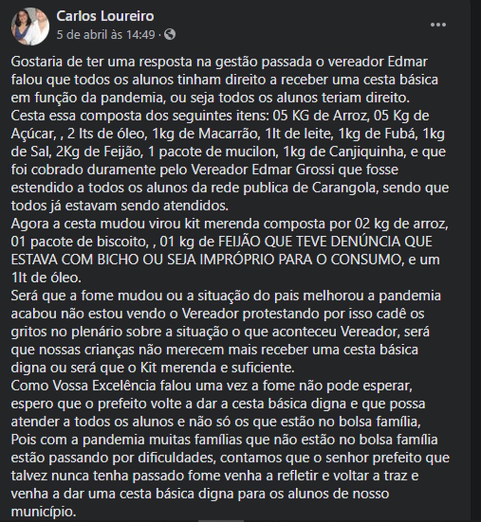 Publicação denuncia distribuição de kit merenda em Carangola — Foto: Rede Social/Reprodução