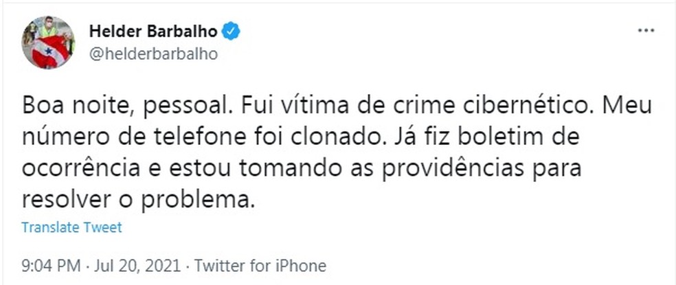 Governador diz que teve número de telefone clonado. — Foto: Reprodução / Twitter