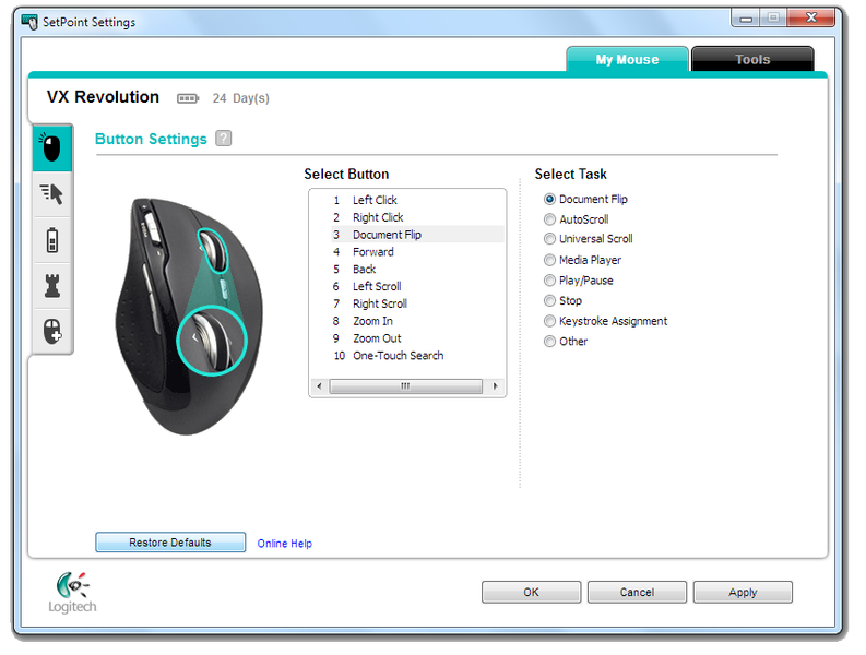 types of logitech setpoint mouse commands