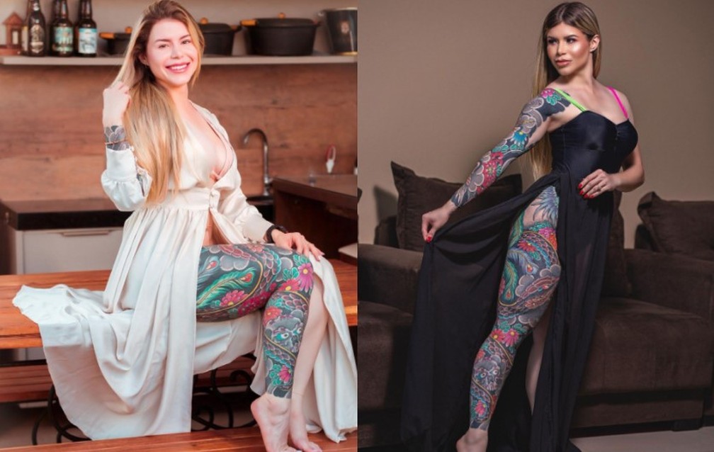 Fotos mostram tatuagens de Amanda Miranda, que tem 50% do corpo preenchido  Foto: Arquivo Pessoal