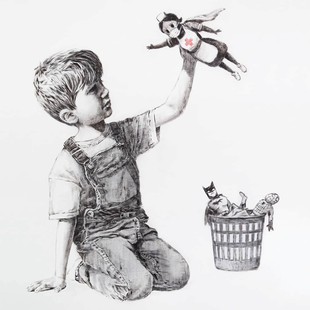Banksy divulga 'Game Changer', na qual retrata enfermeira britânica como super-heroína — Foto: Reprodução/Instagram/banksy