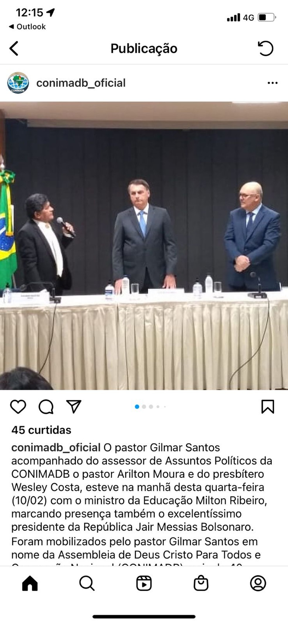 Conta do Instagram da Conimadb mostra Bolsonaro em evento com os pastores Gilmar Santos e Arilton Moura em fevereiro de 2021  â Foto: ReproduÃ§Ã£o/Instagram