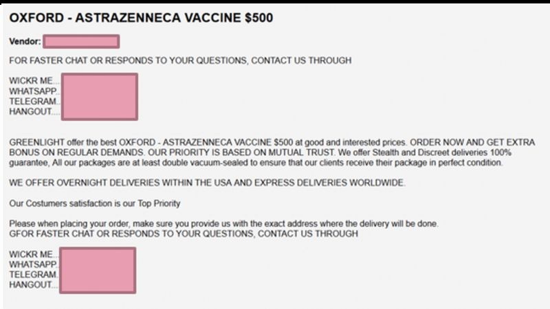 Anúncio divulga venda de supostas vacinas contra covid-19 por 500 dólares (Foto: via BBC)