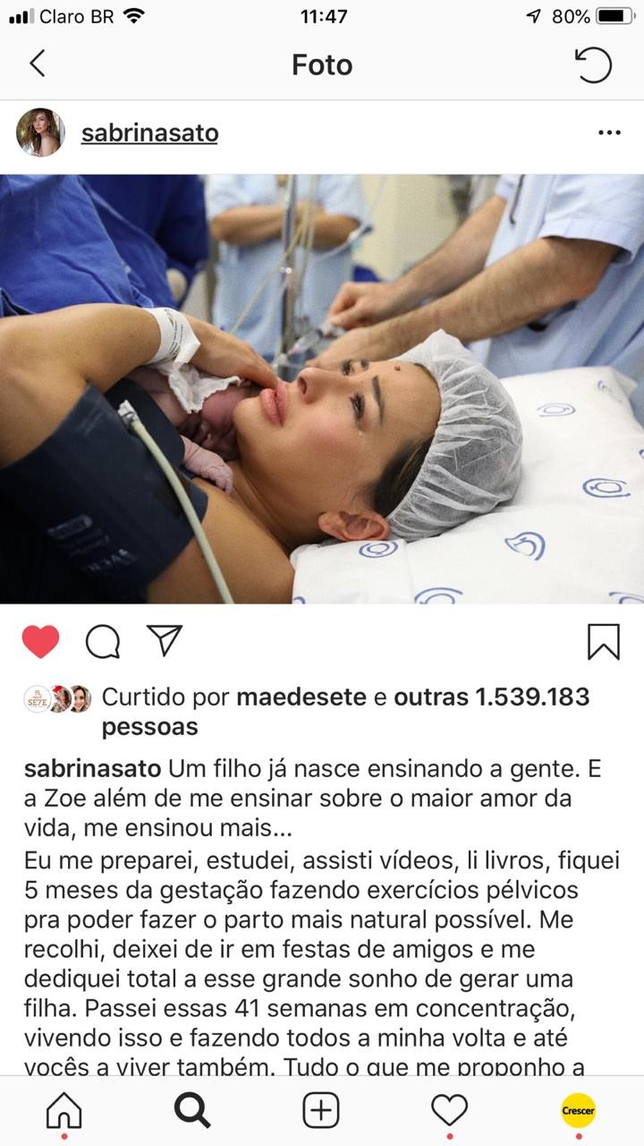 Depoimento Sabrina Sato sobre o parto no Instagram (Foto: reprodução instagram)