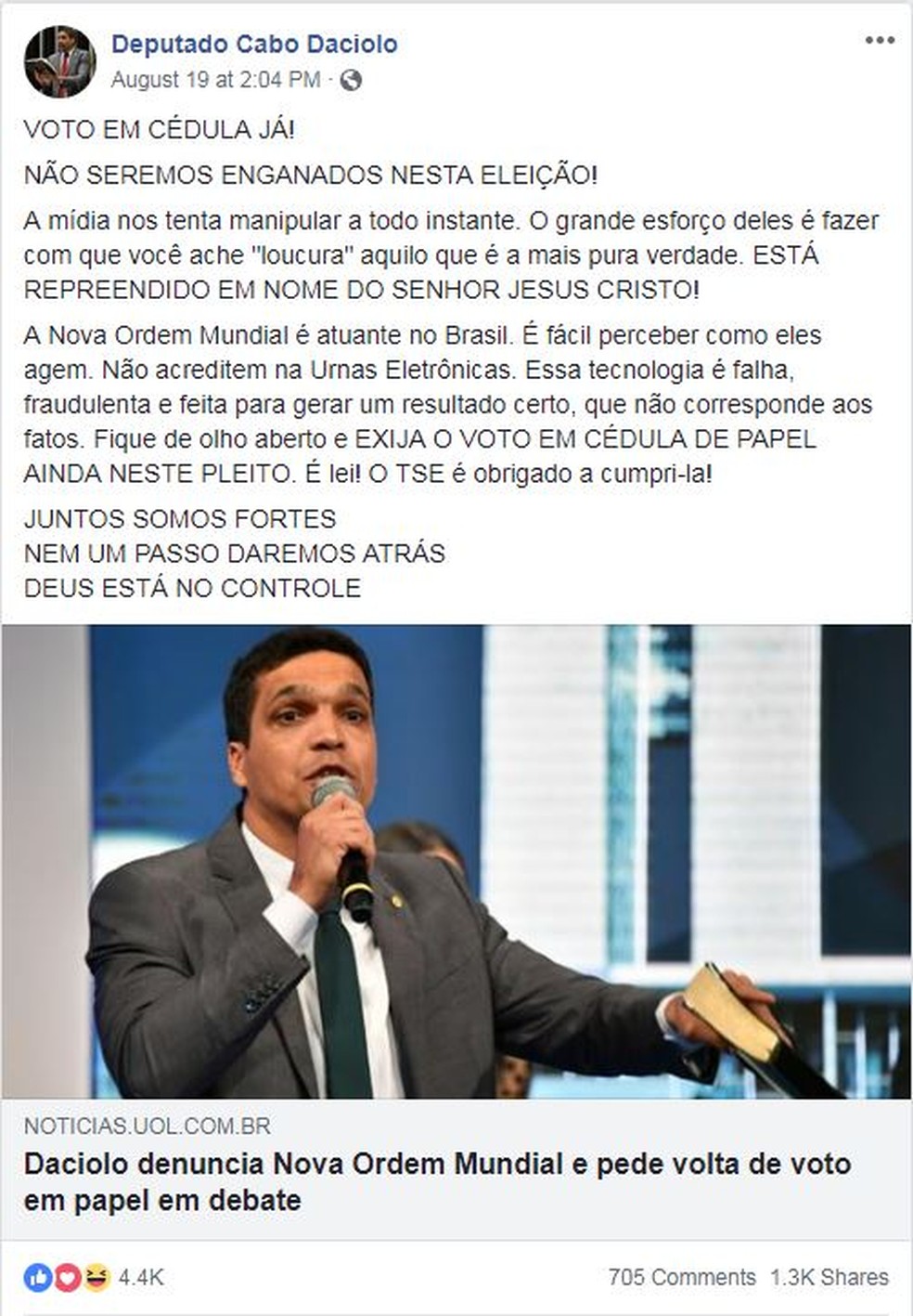 Cabo Daciolo anuncia proposta pelas redes sociais (Foto: Reprodução/Facebook)