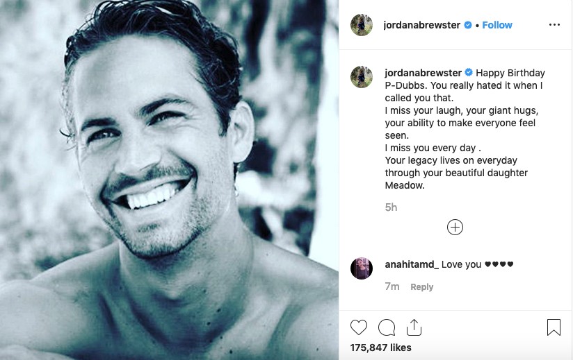 O post da atriz Jordana Brewster celebrando a data na qual Paul Walker (1973-2013) celebraria seus 46 anos (Foto: Instagram)