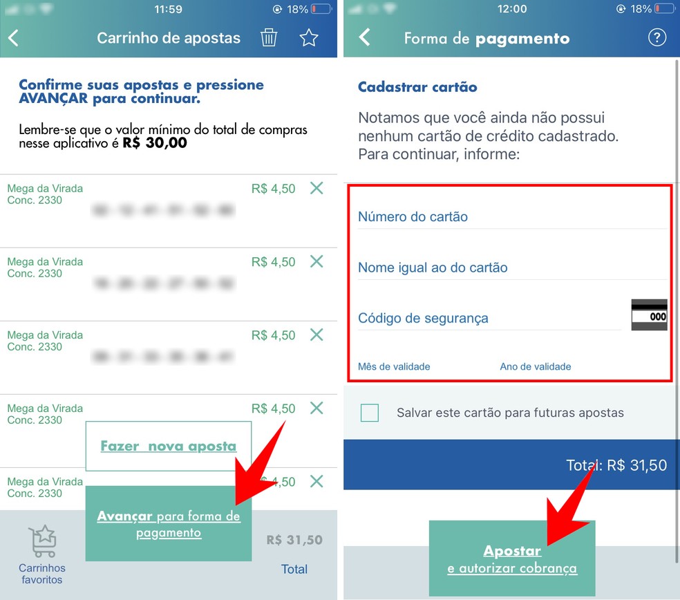 Finalizando o pagamento da aposta da Mega da Virada pelo celular no app Loterias Caixa — Foto: Reprodução/Rodrigo Fernandes