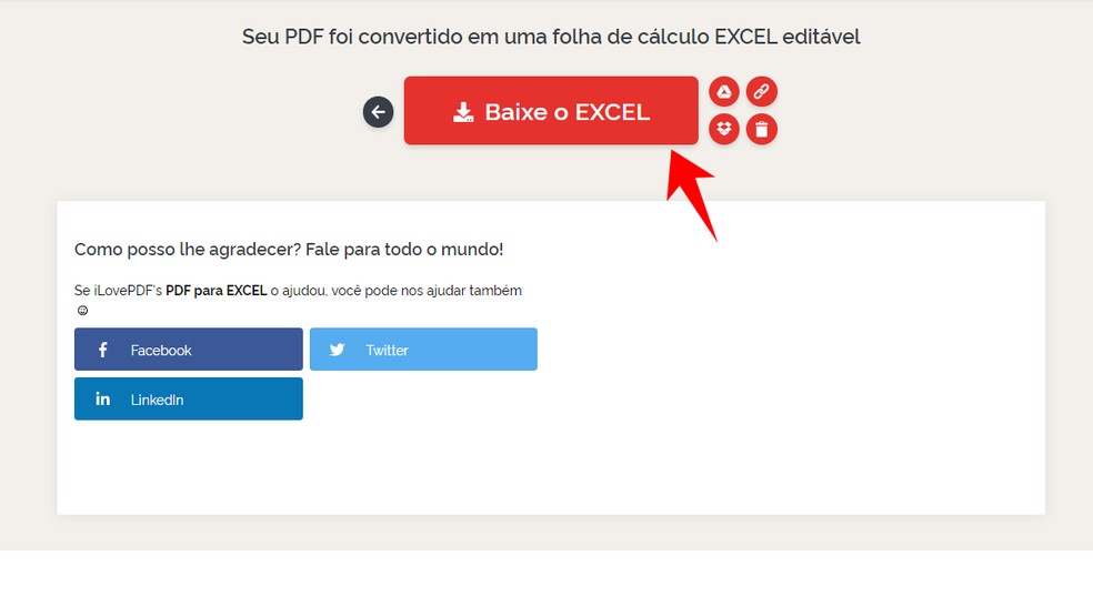 Usuário pode baixar arquivo depois de converter PDF para Excel — Foto: Reprodução/Rodrigo Fernandes