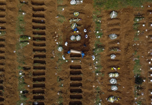 Vista aérea do cemitério de Vila Formosa durante um enterro em meio à pandemia de coronavírus (COVID-19) em São Paulo (Foto:  Miguel Schincariol / Correspondente via Getty Images)