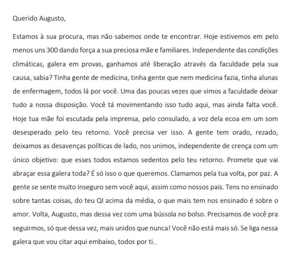 Carta de mãe para jovem brasileiro desaparecido no Paraguai. — Foto: Reprodução